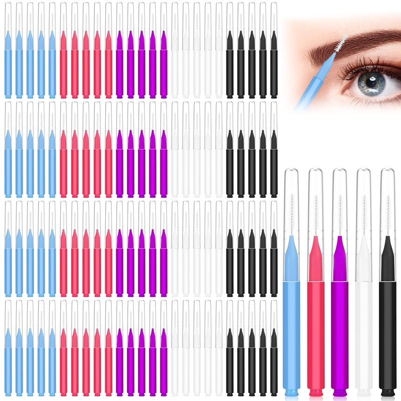 CANIPHA 100Pcs Micro Eyebrow Brush, Eyelash Comb Brush with Cap, Multifunctional Brow Lamination Brush Eyebrow Spoolies for Eyebrows, Portable Brow Brushes for Eyebrows Eyelash Extensions Tool, 5 Colors