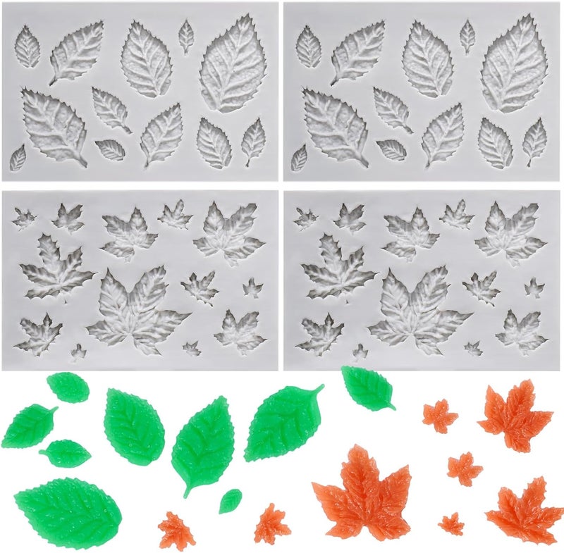 Beasea Silicone Molds Leaf Making, 4pcs Mini Fondant Leaf Shape Molds Silicone Nonstick for Cake Decoration Chocolate Candy Small Tiny Leaves Baking 2 Types 4pcs Moulds Sheet Mat - Image 1