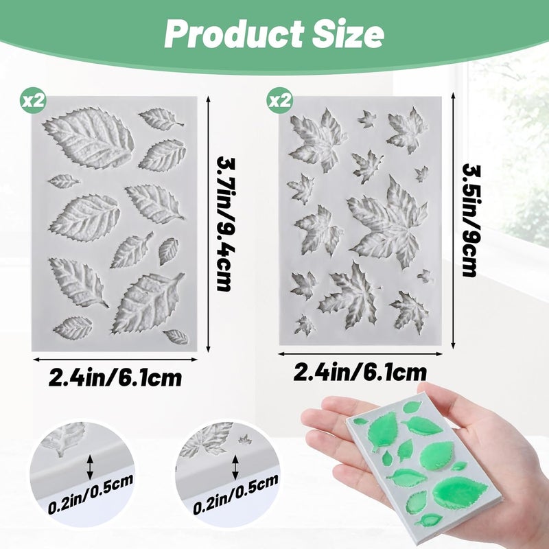 Beasea Silicone Molds Leaf Making, 4pcs Mini Fondant Leaf Shape Molds Silicone Nonstick for Cake Decoration Chocolate Candy Small Tiny Leaves Baking 2 Types 4pcs Moulds Sheet Mat - Image 2