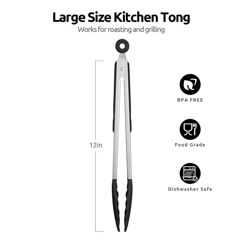 U-Taste 600ÂºF Heat Resistant Kitchen Tongs: U-Taste 12 inch Large Silicone Cooking Tong with Sturdy Non Stick Rubber Tips & Silicon Coated 18/8 Stainless Steel Handle & Smooth Locking for Serving Grill(Black) - Image 2