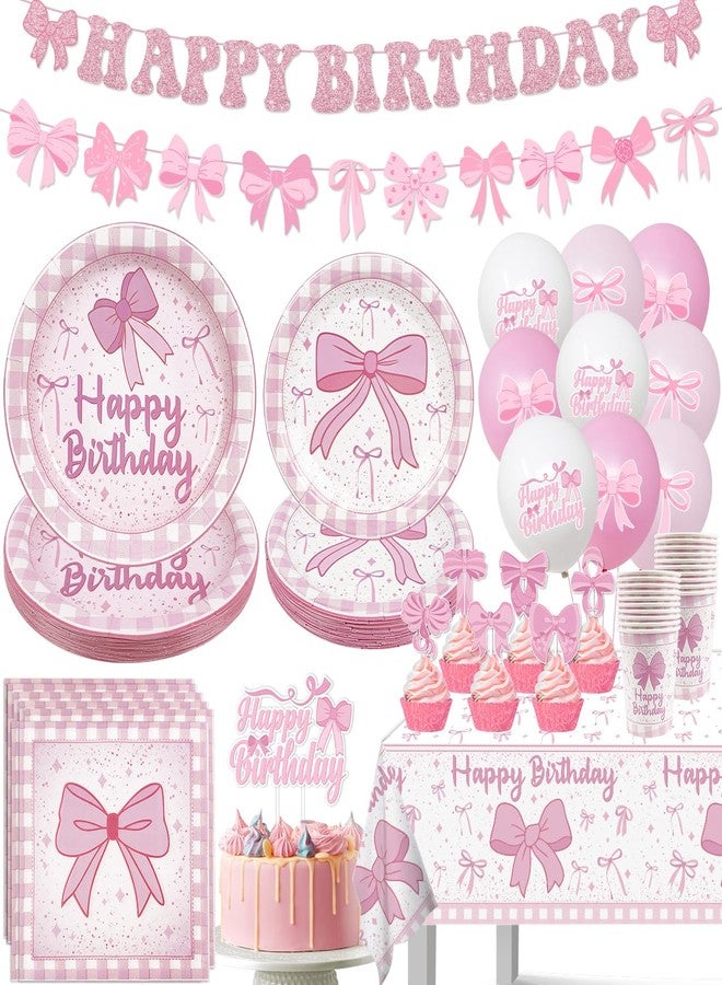 Haimimall Pink Bow Birthday Decorations, Coquette Birthday Party Decorations Includes Pink Bow Plates and Napinks Cups Happy Banner Ballons for Girls Party Supplies, Serve 20 - Image 1