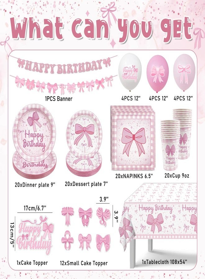 Haimimall Pink Bow Birthday Decorations, Coquette Birthday Party Decorations Includes Pink Bow Plates and Napinks Cups Happy Banner Ballons for Girls Party Supplies, Serve 20 - Image 2