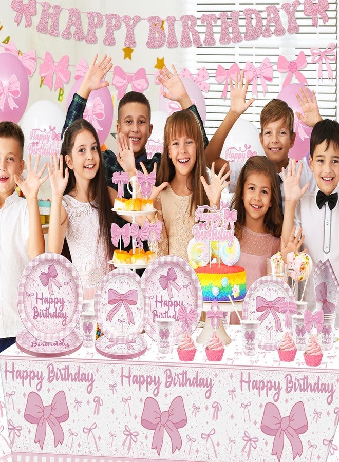Haimimall Pink Bow Birthday Decorations, Coquette Birthday Party Decorations Includes Pink Bow Plates and Napinks Cups Happy Banner Ballons for Girls Party Supplies, Serve 20 - Image 5