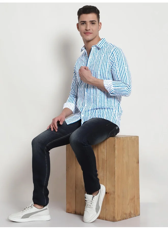 Beyoung Long Sleeve Blue Striped Shirts for Men