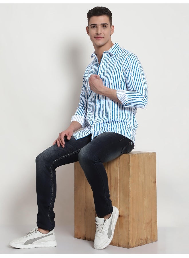 Beyoung Long Sleeve Blue Striped Shirts for Men  - Image 3