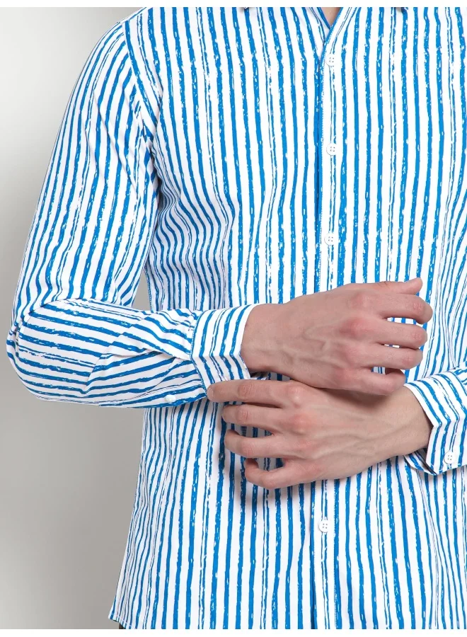 Beyoung Long Sleeve Blue Striped Shirts for Men