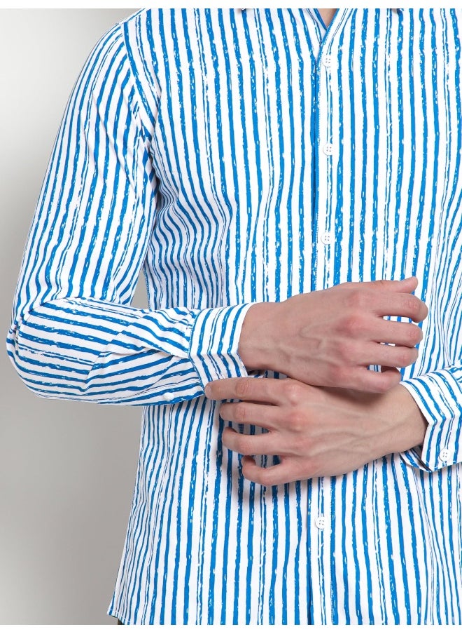 Beyoung Long Sleeve Blue Striped Shirts for Men  - Image 4