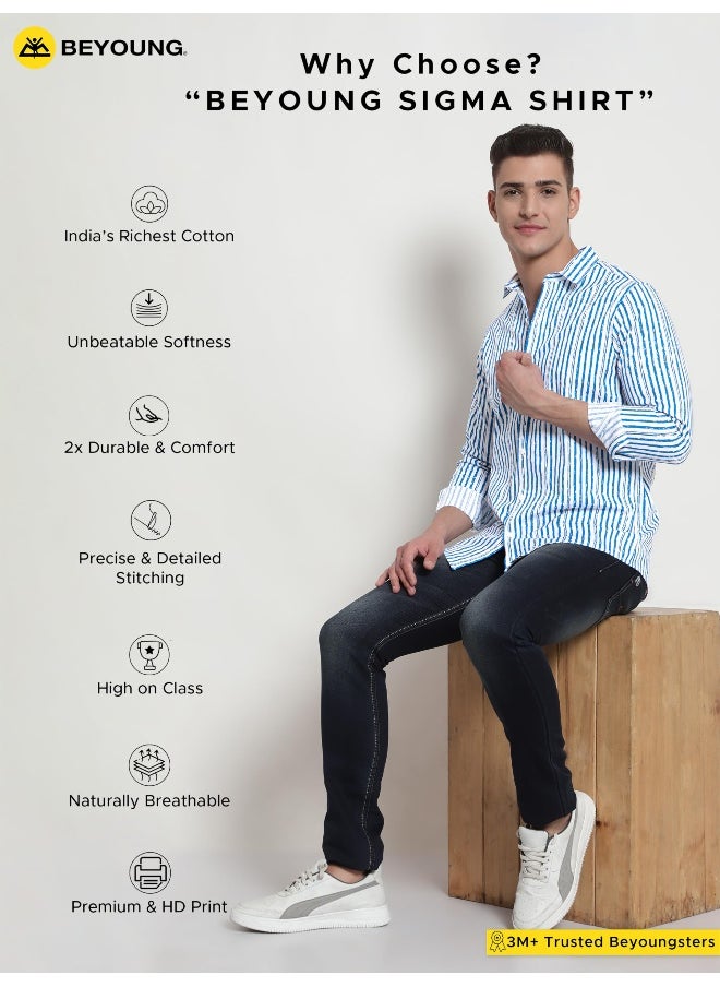 Beyoung Long Sleeve Blue Striped Shirts for Men  - Image 5