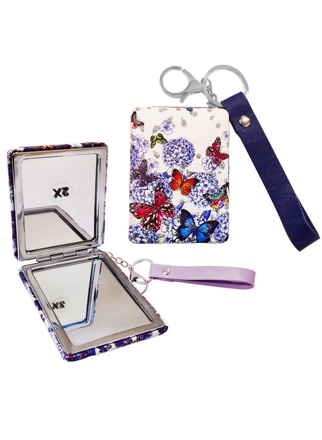 FunBlast Compact Mirror - Butterfly Design Makeup Mirror For Women, Aesthetic Mini Mirror, Portable Folding Double Sided With 1X & 2X Magnification, Mirror With Keychain - Set Of 2 (Random Colour) - Image 1