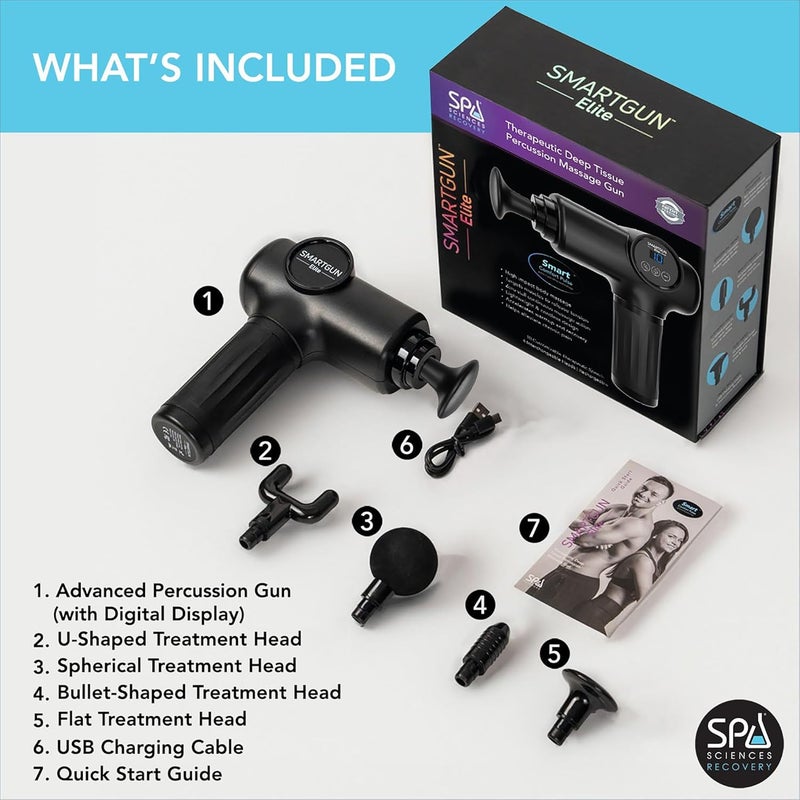 SPA SCIENCES  SmartGun Elite  Therapeutic Deep Tissue Percussion Massager  for Muscle Soreness  with Interchangeable Heads 10 Intensity Levels and Smart Comfort Pulse  USB Rechargeable - Image 4