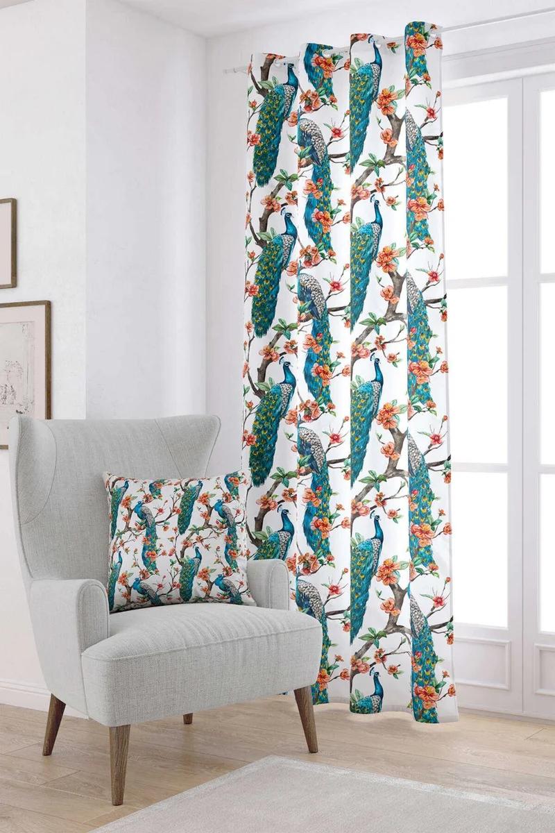 كانغو هوم Turquoise Orange Peacock Patterned Digital Printed Curtain CGH016-PR