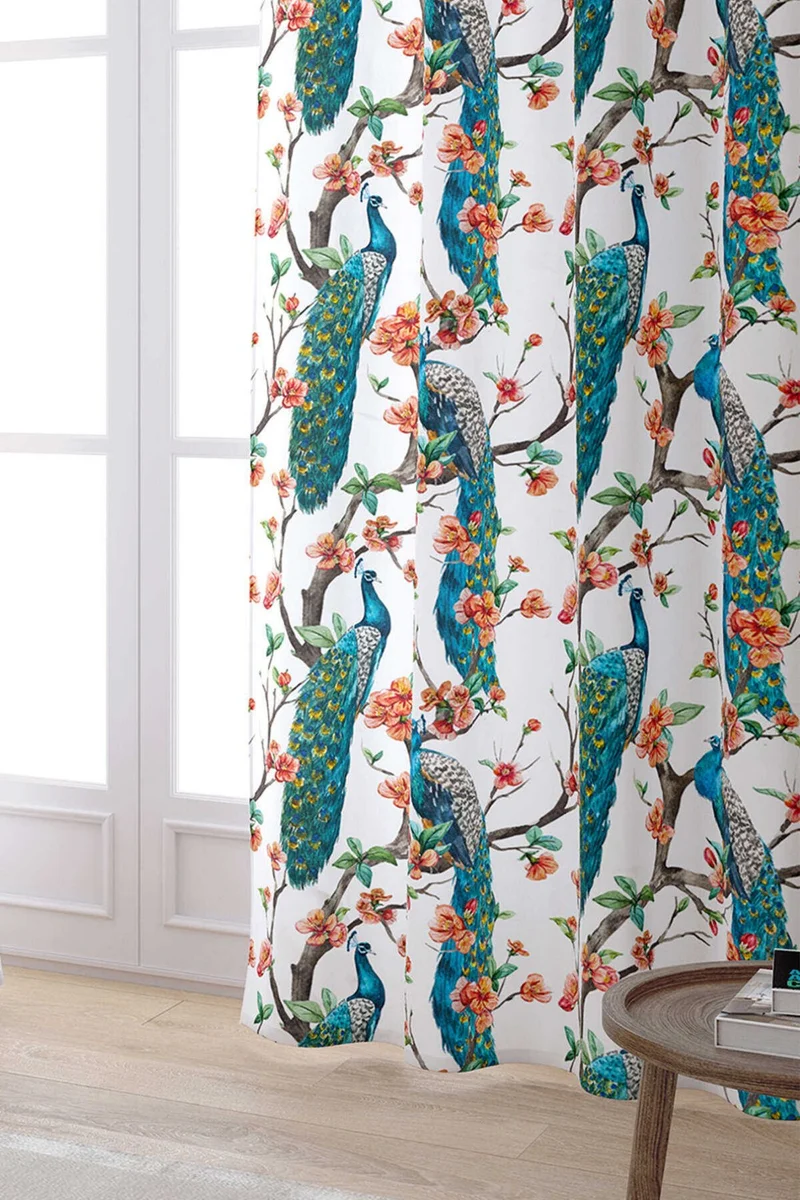 كانغو هوم Turquoise Orange Peacock Patterned Digital Printed Curtain CGH016-PR