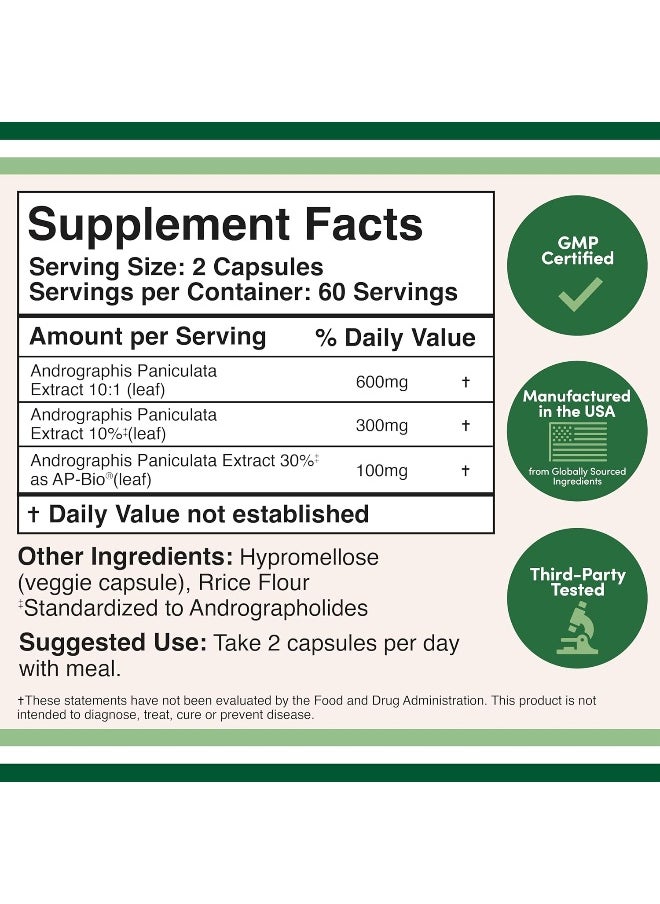 Double Wood Supplements - Andrographis - 1,000Mg Serving Size 120 Capsules With Ap-Bio Patented Andrographis Paniculata Extract - Clinically Studied To Boost Immune System - Image 1