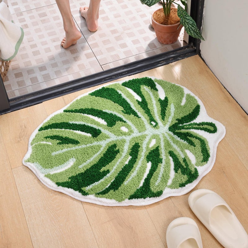 Panstar Large Monstera Leaf Bath Mat  Non Slip Green Plant Bathroom Rug  Absorbent Cute Palm Shaped Bathtub Rug Bathroom Plush Shower Rugs (32""X26"") - Image 1