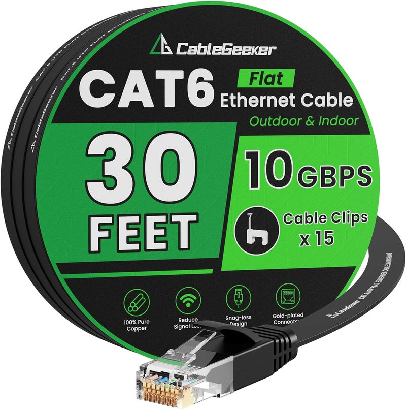 CableGeeker Cat 6 Ethernet Cable 30 ft, Indoor&Outdoor, High Speed 10Gbps Flat Internet Network Cable, Pure Copper Ethernet Patch Cable Long, Computer LAN Cable with Clips & Straps for Router, Modem, PS4/5, Black - Image 1