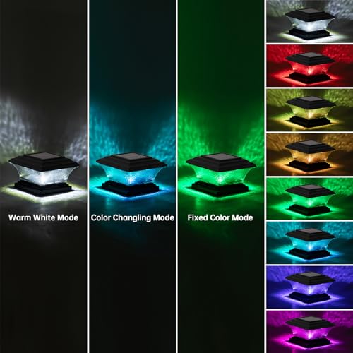 HUYIENO Solar Post Cap Lights Outdoor LED Lighting Deck Fence Cap Light 9 Light Modes Bright White/7 Color Fixed Modes/7 Color Cycling Mode Suitable for 4x4 5x5 Wooden Posts Black 6pk - Image 2