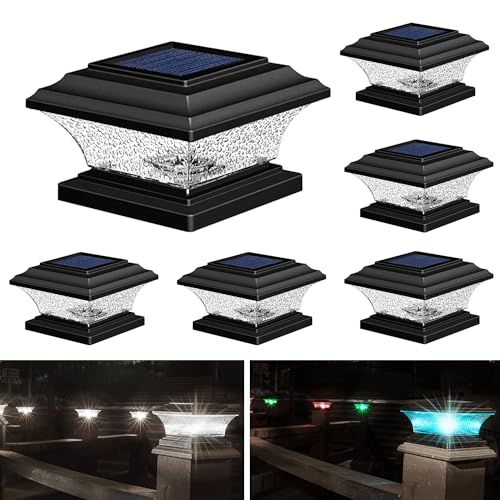 HUYIENO Solar Post Cap Lights Outdoor LED Lighting Deck Fence Cap Light 9 Light Modes Bright White/7 Color Fixed Modes/7 Color Cycling Mode Suitable for 4x4 5x5 Wooden Posts Black 6pk - Image 1