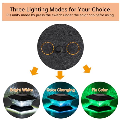 HUYIENO Solar Post Cap Lights Outdoor LED Lighting Deck Fence Cap Light 9 Light Modes Bright White/7 Color Fixed Modes/7 Color Cycling Mode Suitable for 4x4 5x5 Wooden Posts Black 6pk - Image 3
