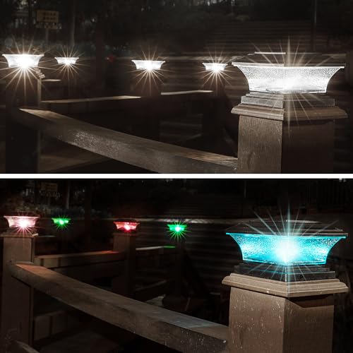HUYIENO Solar Post Cap Lights Outdoor LED Lighting Deck Fence Cap Light 9 Light Modes Bright White/7 Color Fixed Modes/7 Color Cycling Mode Suitable for 4x4 5x5 Wooden Posts Black 6pk - Image 4