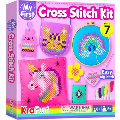 KRAFUN Beginner My First Cross Stitch Kit for Kids Arts  Crafts 6 Easy Projects of Felt Keyring Bag Pillow Craft Instructions Gift for Girls and Boys Learn DIY Crafting Embroidery - Image 1