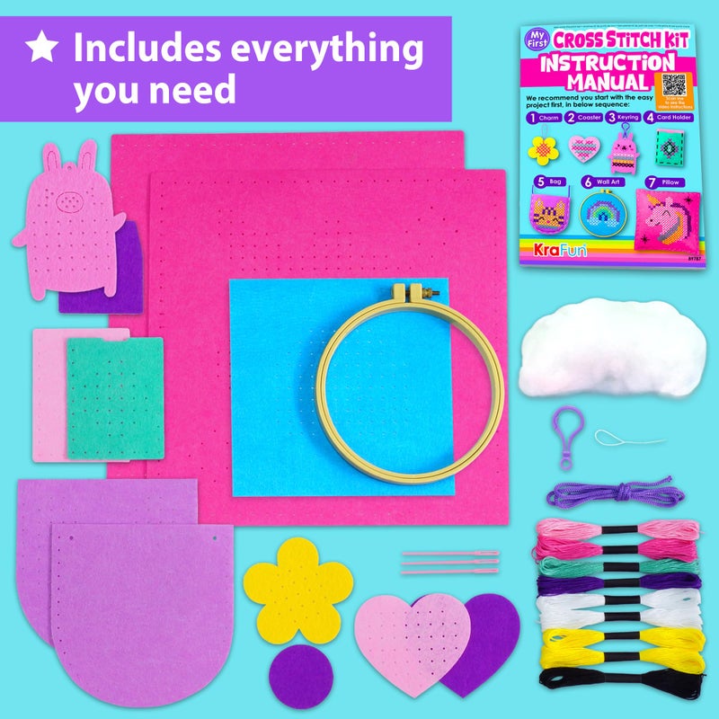 KRAFUN Beginner My First Cross Stitch Kit for Kids Arts  Crafts 6 Easy Projects of Felt Keyring Bag Pillow Craft Instructions Gift for Girls and Boys Learn DIY Crafting Embroidery - Image 3