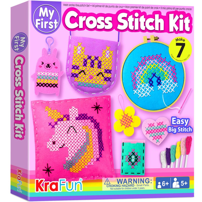 KRAFUN Beginner My First Cross Stitch Kit for Kids Arts  Crafts 6 Easy Projects of Felt Keyring Bag Pillow Craft Instructions Gift for Girls and Boys Learn DIY Crafting Embroidery - Image 2