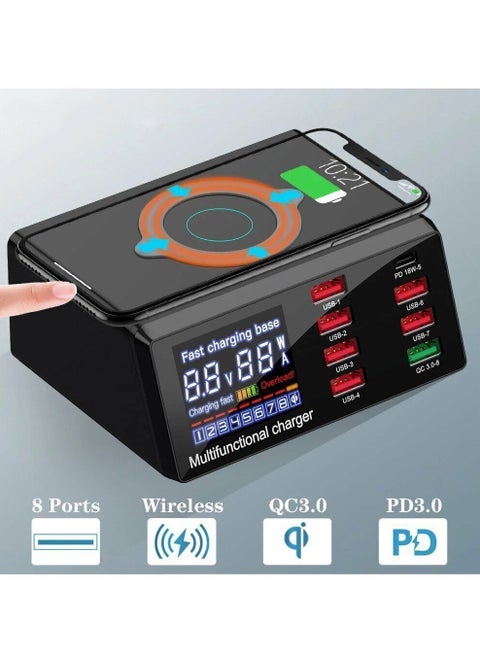 Fast charging 3.0 8-port USB fast charger, 100W USB hub fast charging station compatible with all mobile phones and iPad, QC 3.0 and PD fast charger, 10W maximum fast wireless charging