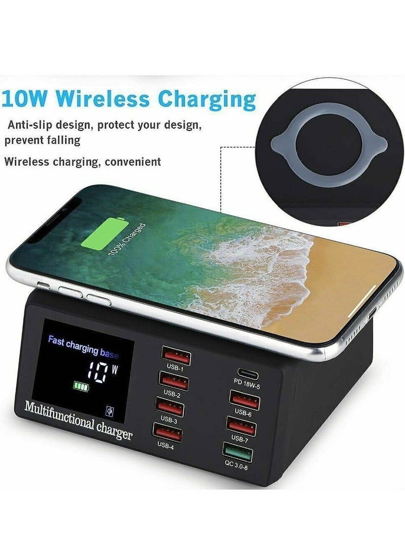 Generic - Fast charging 3.0 8-port USB fast charger, 100W USB hub fast charging station compatible with all mobile phones and iPad, QC 3.0 and PD fast charger, 10W maximum fast wireless charging - Image 1