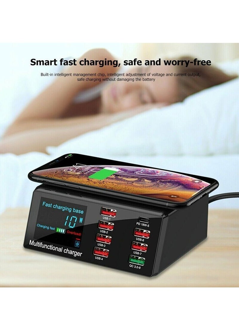 Generic - Fast charging 3.0 8-port USB fast charger, 100W USB hub fast charging station compatible with all mobile phones and iPad, QC 3.0 and PD fast charger, 10W maximum fast wireless charging - Image 1