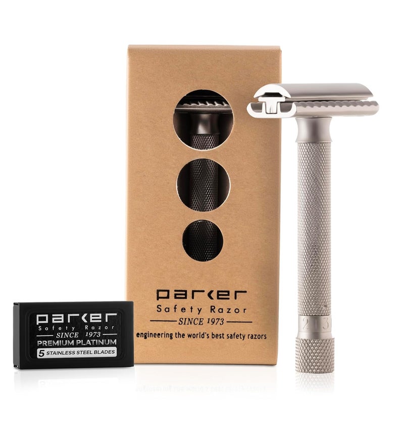 Parker Safety Razor The Parker Variant ADJUSTABLE Double Edge Safety Razor Customize your Shave with a Turn of the Dial from Mild to Aggressive  5 Blades Included SATIN CHROME