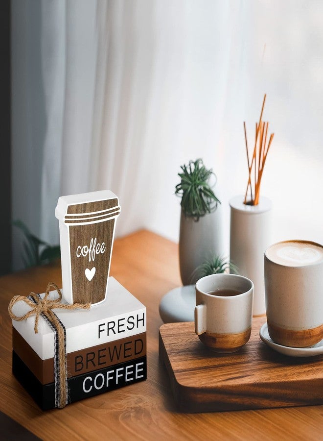 Chunful 4 Pieces Coffee Bar Decor Mini Wooden Book Stacks Coffee Bar Accessories Sign Tiered Tray Decor for Kitchen Table Shelf Rustic Farmhouse Home - Image 4