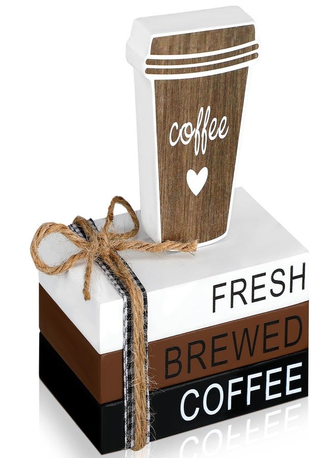 Chunful 4 Pieces Coffee Bar Decor Mini Wooden Book Stacks Coffee Bar Accessories Sign Tiered Tray Decor for Kitchen Table Shelf Rustic Farmhouse Home - Image 1