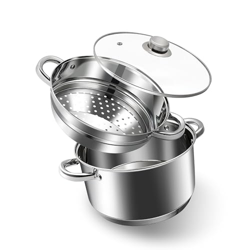 AuFranc 4 Quart 1810 Stainless Steel Triply Stockpot and Steamer with Tempered Glass Lid Multipurpose Steamer Pot Compatible with All Cooktops NonToxic Soup Pot Oven Dishwasher Safe Silver - Image 1