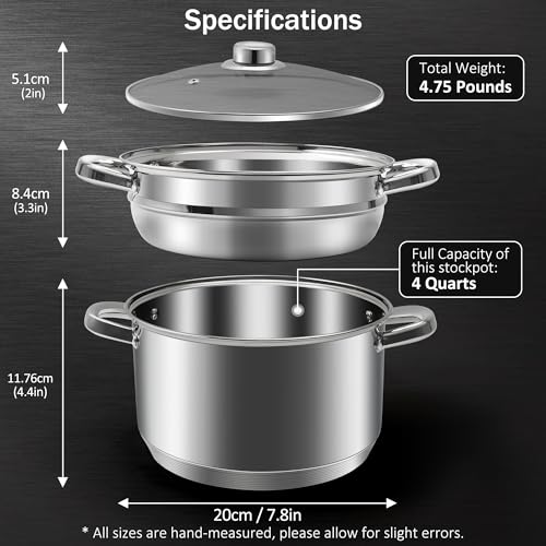 AuFranc 4 Quart 1810 Stainless Steel Triply Stockpot and Steamer with Tempered Glass Lid Multipurpose Steamer Pot Compatible with All Cooktops NonToxic Soup Pot Oven Dishwasher Safe Silver - Image 3