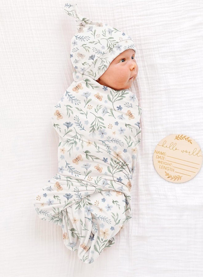 Newborn Baby Swaddle Blanket Set, 30x30 Inch Soft Stretchy Floral Receiving Blanket with Matching Headband, Beanie & Birth Announcement Card for 0-3 Months Baby, Blue Floral Print - Image 2
