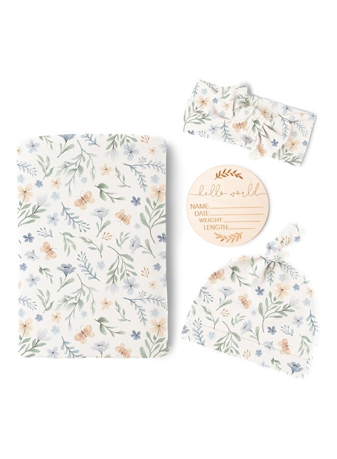 Newborn Baby Swaddle Blanket Set, 30x30 Inch Soft Stretchy Floral Receiving Blanket with Matching Headband, Beanie & Birth Announcement Card for 0-3 Months Baby, Blue Floral Print - Image 1