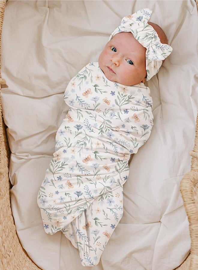 Newborn Baby Swaddle Blanket Set, 30x30 Inch Soft Stretchy Floral Receiving Blanket with Matching Headband, Beanie & Birth Announcement Card for 0-3 Months Baby, Blue Floral Print - Image 3
