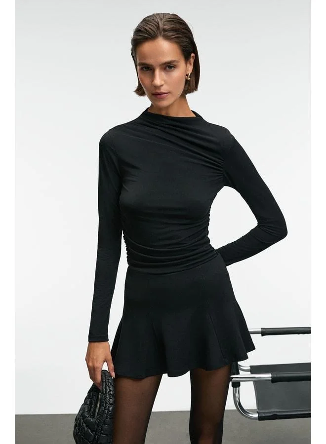 GRIMELANGE SOLEMA Women's Boat Neck Ruched Detail Slim Black Blouse.