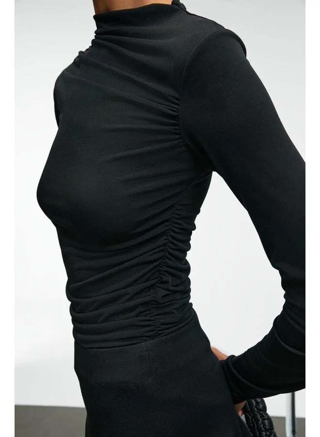GRIMELANGE SOLEMA Women's Boat Neck Ruched Detail Slim Black Blouse.