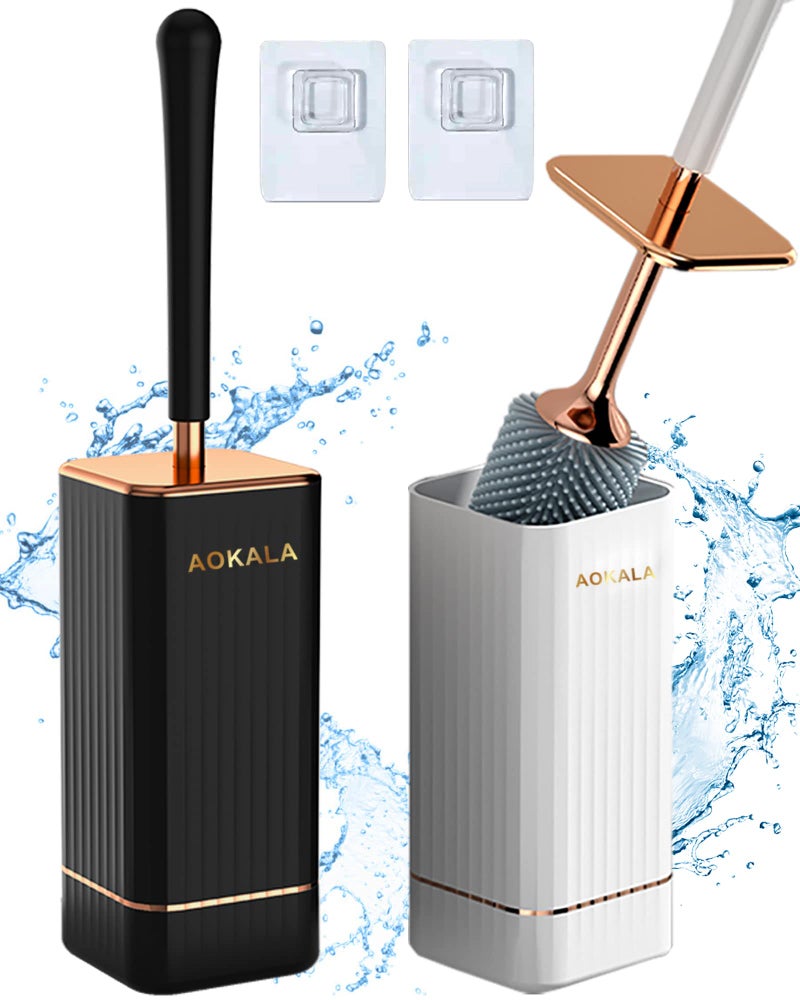 Aokala Toilet Brush and Holder, Elegant 2 Pack Silicone Toilet Bowl Brush Set with Ergonomic Long Handle, Modern Bathroom Decor Cleaning Accessories, Durable, Deep Cleaning - Black & White - Image 1