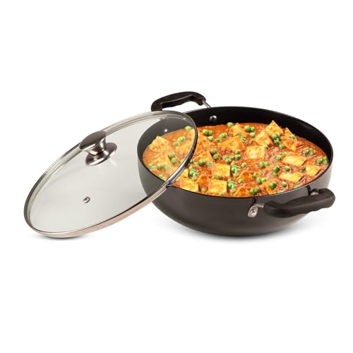 AGARO Elite Hard Anodised Kadhai with Glass Lid, 3.85L Capacity, 28 cm Diameter, Gas Oven Compatible, Riveted Handle, 3mm Thick Plate, Cooking, Frying, Serving, Black - Image 1