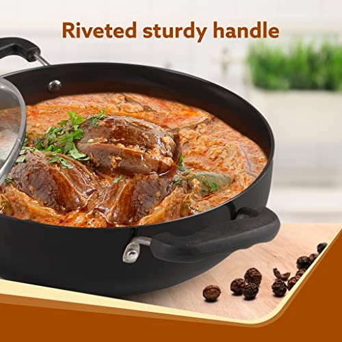 AGARO Elite Hard Anodised Kadhai with Glass Lid, 3.85L Capacity, 28 cm Diameter, Gas Oven Compatible, Riveted Handle, 3mm Thick Plate, Cooking, Frying, Serving, Black - Image 4