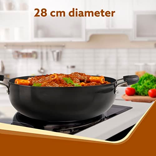 AGARO Elite Hard Anodised Kadhai with Glass Lid, 3.85L Capacity, 28 cm Diameter, Gas Oven Compatible, Riveted Handle, 3mm Thick Plate, Cooking, Frying, Serving, Black - Image 2