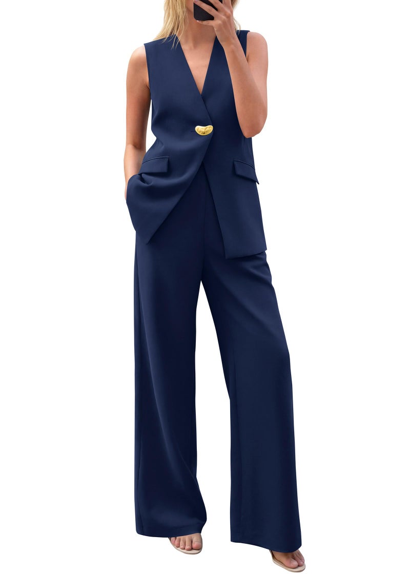 KIRUNDO Pant Suits for Women Dressy 2 Piece Sets Sleeveless Blazer Vest Wide Leg Matching Pantsuit Business Casual Outfits(Navy Blue, Medium) - Image 1
