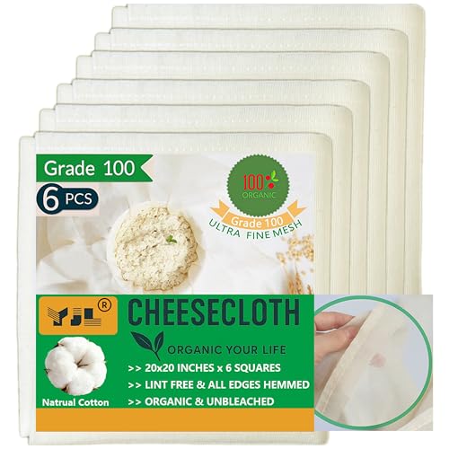 YJL Organic Cheese Cloths, Grade 100 Extra Ultra Fine Mesh with Hemmed Edges, 6 Pack 20x20 Inch 100% Unbleached Cotton Reusable cheesecloth for Straining, Cooking, Cheese Making, Roasting, Crafting - Image 1