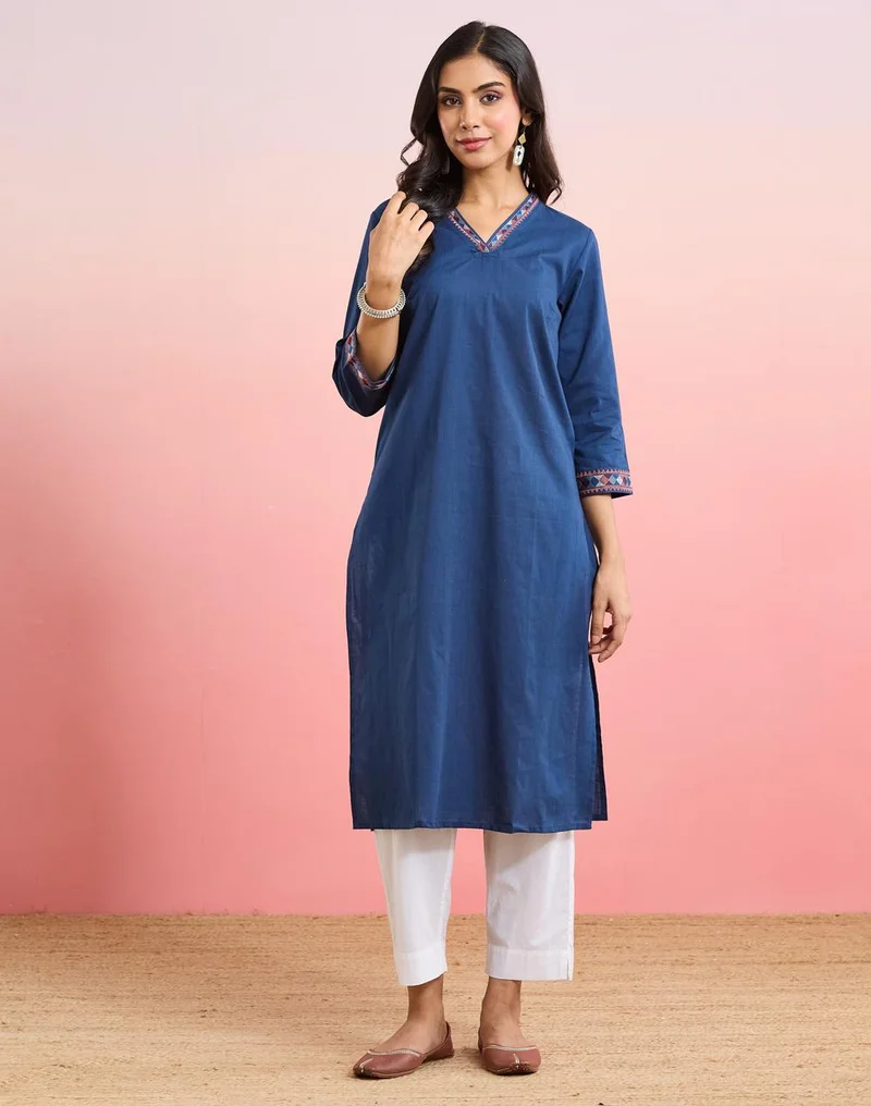 Fabindia  Indigo Cotton Embroidered Long Kurta for Women | Best Price UAE