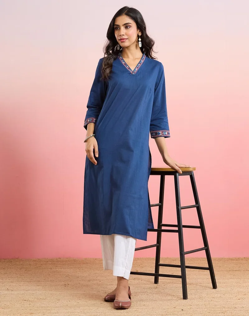 Indigo Cotton Embroidered Long Kurta