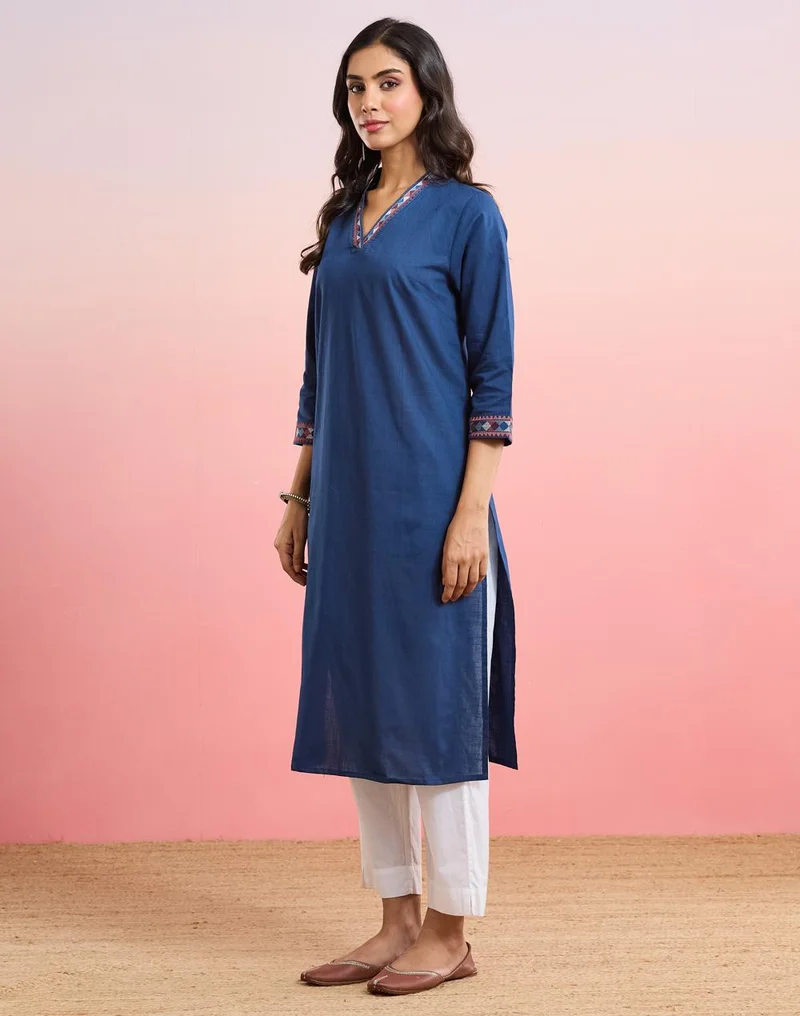 Fabindia  Indigo Cotton Embroidered Long Kurta for Women | Best Price UAE