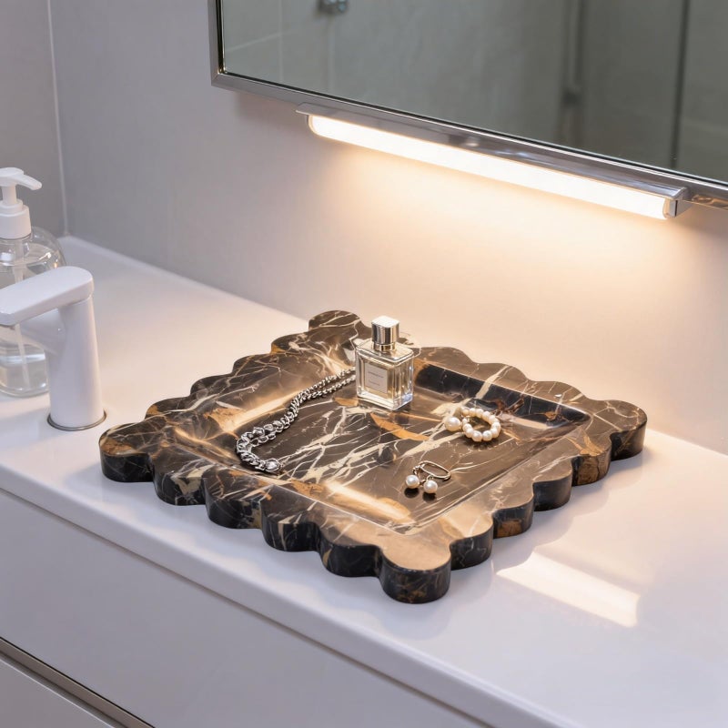 SAIDKOCC Vintage Natural Marble Tray Small Ornaments Scalloped Tray Handmade Storage Dish for Counter, Vanity, Dresser, Nightstand and Desk (Portoro) - Image 2