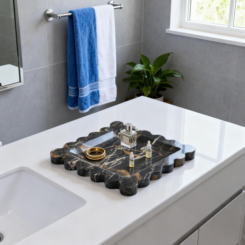 SAIDKOCC Vintage Natural Marble Tray Small Ornaments Scalloped Tray Handmade Storage Dish for Counter, Vanity, Dresser, Nightstand and Desk (Portoro) - Image 3